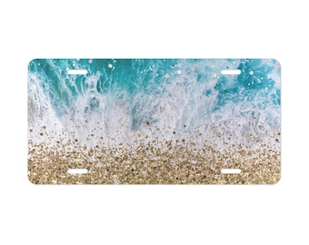 Glittery Ocean Waves Vanity Plate: Coastal Car Accessory