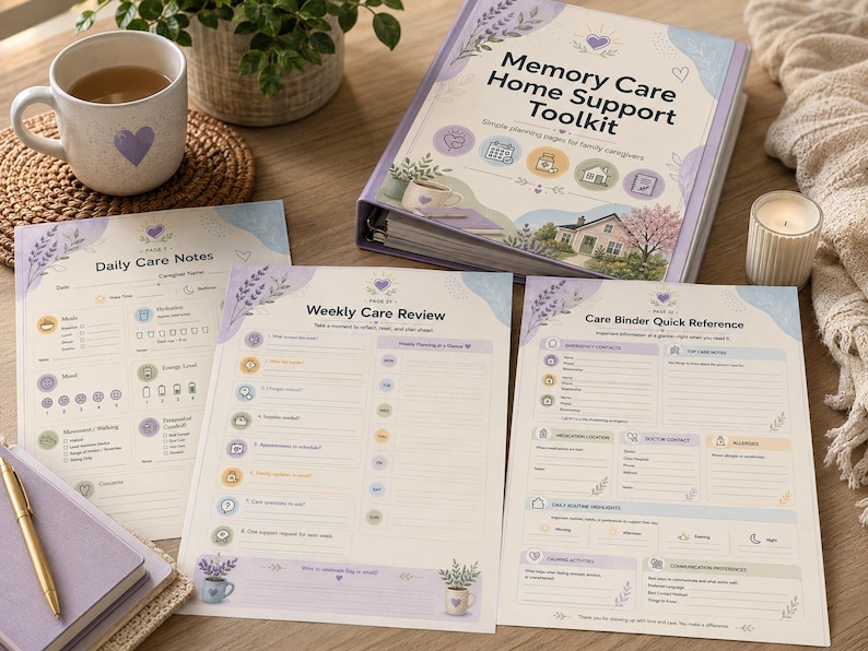 May include: A lavender-themed memory care home support toolkit, including a binder and planning pages. The binder reads "Memory Care Home Support Toolkit." The pages include "Daily Care Notes," "Weekly Care Review," and "Care Binder Quick Reference." A cup of tea and a candle are also present.