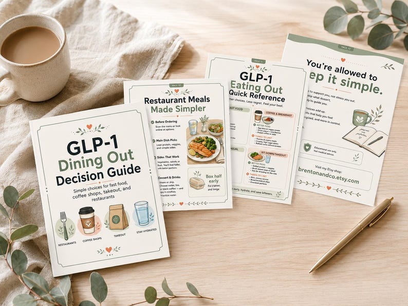 Puede incluir: Una colecci&oacute;n de gu&iacute;as impresas y materiales de referencia sobre una superficie de madera. Las gu&iacute;as incluyen t&iacute;tulos como "GLP-1 Dining Out Decision Guide" y "Restaurant Meals Made Simpler". Tambi&eacute;n hay una taza de caf&eacute; y un bol&iacute;grafo.