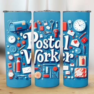 Travailleur des postes Gobelet mince 20 oz Sublimation Design Wrap Mignon facteur de lettre timbre collage Mail Man Postie Design téléchargement numérique png