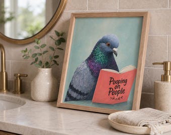 Funny Bird Bathroom Wall Art Printable, Pigeon Reading Pooping on People Print, Quirky Bathroom Decor, Instant Digital Download