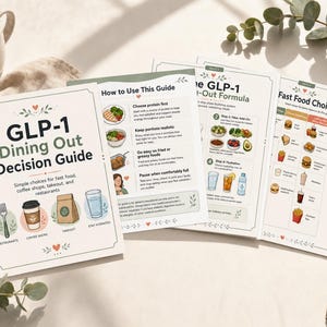 May include: Several printed guides are visible, including "GLP-1 Dining Out Decision Guide" and "How to Use This Guide". They provide guidance on making healthy food choices in restaurants, coffee shops, and fast-food settings. A pen and a mug of coffee are also present.