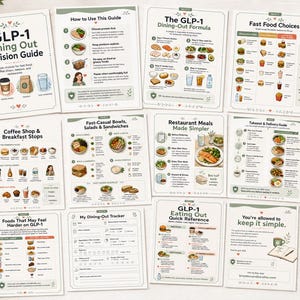 Puede incluir: Un conjunto de gu&iacute;as impresas tituladas "GLP-1 Dining Out Decision Guide". Las gu&iacute;as cubren temas como opciones de comida r&aacute;pida, comidas en restaurantes y un rastreador de comidas fuera de casa. El dise&ntilde;o incorpora una combinaci&oacute;n de blanco y verde.