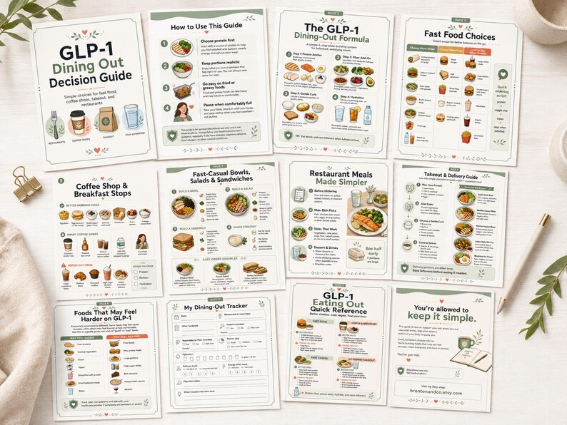 Puede incluir: Un conjunto de gu&iacute;as impresas tituladas "GLP-1 Dining Out Decision Guide". Las gu&iacute;as cubren temas como opciones de comida r&aacute;pida, comidas en restaurantes y un rastreador de comidas fuera de casa. El dise&ntilde;o incorpora una combinaci&oacute;n de blanco y verde.