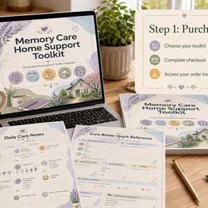 May include: A laptop displays the "Memory Care Home Support Toolkit" with a house illustration. Beside it are printed pages and a notebook. A mug with a heart design and a pen are also on the wooden surface. The image includes text: "Daily Care Notes" and "Care Binder Quick Reference."
