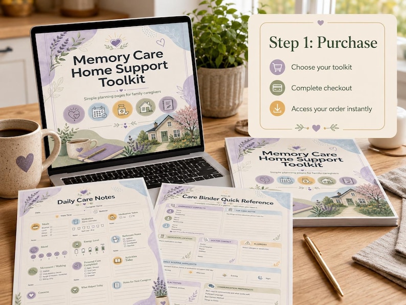 May include: A laptop displays the "Memory Care Home Support Toolkit" with a house illustration. Beside it are printed pages and a notebook. A mug with a heart design and a pen are also on the wooden surface. The image includes text: "Daily Care Notes" and "Care Binder Quick Reference."