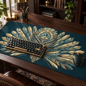 May include: A rectangular desk mat featuring a dark teal background with a central, symmetrical fan-shaped design composed of gold and light blue feathers. A black mechanical keyboard and a black computer mouse rest on the mat surface.