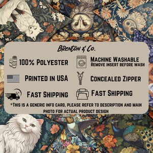 May include: A decorative throw pillow with a colorful floral pattern featuring owls, a cat, and a peacock. The pillow is made of 100% polyester and has a concealed zipper. It is machine washable and features the text "BRENTON & Co."