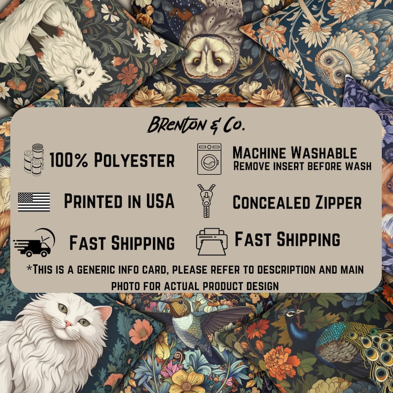 May include: A decorative throw pillow with a colorful floral pattern featuring owls, a cat, and a peacock. The pillow is made of 100% polyester and has a concealed zipper. It is machine washable and features the text "BRENTON & Co."