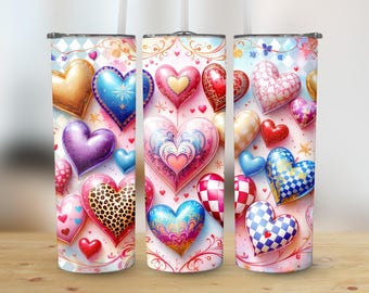 Valentine&#39;s Day 20 Oz Tumbler Wrap, Valentines Tumbler Wrap, Hearts Designs, Hearts Tumbler Wraps, Straight, Tapered, Sublimation PNG