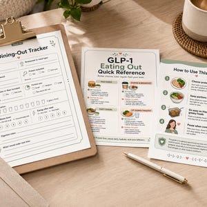 Puede incluir: Un portapapeles con un formulario "My Dining-Out Tracker", junto con dos gu&iacute;as informativas tituladas "GLP-1 Eating Out Quick Reference" y "How to Use This Guide". Un bol&iacute;grafo y una taza de caf&eacute; tambi&eacute;n est&aacute;n sobre la superficie de madera.