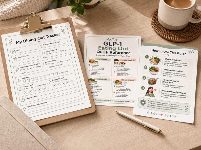 Puede incluir: Un portapapeles con un formulario "My Dining-Out Tracker", junto con dos gu&iacute;as informativas tituladas "GLP-1 Eating Out Quick Reference" y "How to Use This Guide". Un bol&iacute;grafo y una taza de caf&eacute; tambi&eacute;n est&aacute;n sobre la superficie de madera.