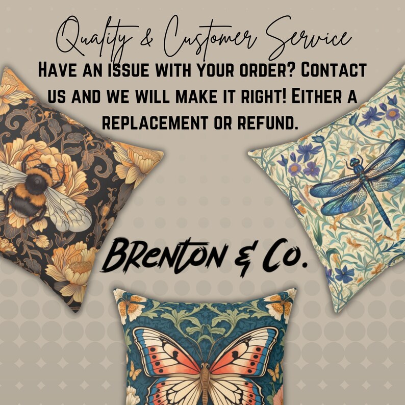May include: Three decorative throw pillows with floral patterns. The pillows feature a bee, a dragonfly, and a butterfly. The pillows are arranged in a triangle shape. The text "BRENTON & Co." is in the center of the image.