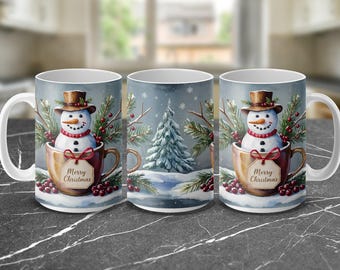 Christmas Snowman Mug Wrap PNG, 11oz 15oz Sublimation Template, Snowy Winter Holiday Digital Download