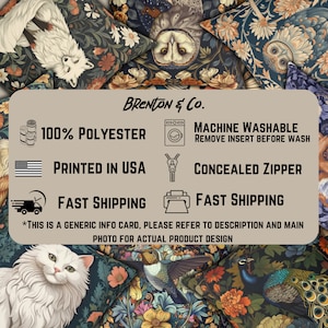 May include: A decorative throw pillow with a colorful floral pattern featuring owls, a cat, and a peacock. The pillow is made of 100% polyester and has a concealed zipper. It is machine washable and features the text "BRENTON & Co."