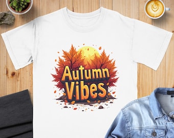 Camiseta Autumn Vibes: Estampado de hojas otoñales, acogedora camiseta de algodón
