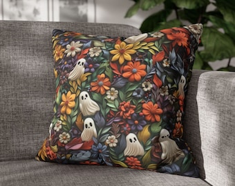 Ghost Floral Pillow: Whimsical Halloween Accent Cushion