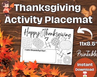 Puede incluir: Mantel individual de actividades de Acción de Gracias con laberintos, tic-tac-toe y otros juegos. El mantel individual presenta el texto "Happy Thanksgiving" y mide 27,9 x 21,6 cm. Es un PDF imprimible para descarga instantánea.