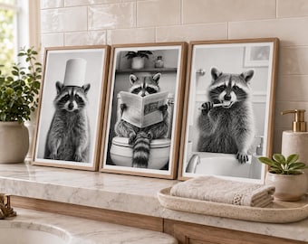 Ensemble d'art mural de salle de bain raton laveur drôle de 3, impressions animaux noir et blanc de salle de bain, décoration de salle d'eau imprimable en téléchargement numérique
