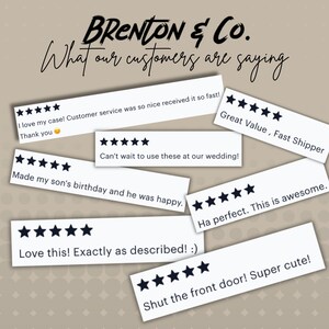 Peut inclure: Un collage d'avis clients avec des &eacute;valuations cinq &eacute;toiles et des commentaires positifs sur un produit. Les avis incluent des phrases comme "Excellent rapport qualit&eacute;-prix, livraison rapide", "J'adore ! Exactement comme d&eacute;crit !" et "Ferme la porte ! Super mignon !"
