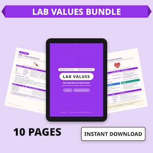 以下が含まれることがあります： デジタルタブレットには「LAB VALUES Nursing Notes Study Bundle」と書かれた紫色の表紙が表示され、その両脇に医療用リファレンスチャートのページが開かれています。テキストには「BRENTON & CO」、「10 PAGES」、「INSTANT DOWNLOAD」と記載されています。