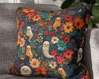 Ghost Floral Pillow: Whimsical Halloween Accent Cushion