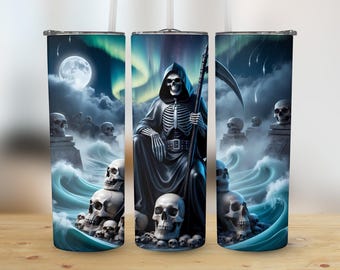 Halloween Tumbler Wrap, Grim Reaper Tumbler Design, Spooky Skull Tumbler PNG, 20oz Halloween Tumbler Sublimation, Instant Download