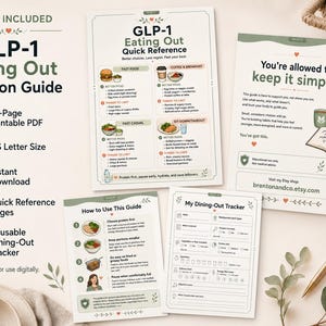 Puede incluir: Un conjunto de gu&iacute;as PDF imprimibles para comer fuera, que incluyen una gu&iacute;a de decisiones, p&aacute;ginas de referencia r&aacute;pida y un rastreador de comidas fuera de casa. Las gu&iacute;as son de tama&ntilde;o carta estadounidense y est&aacute;n disponibles para descarga instant&aacute;nea. El texto incluye "GLP-1 Dining Out Decision Guide".
