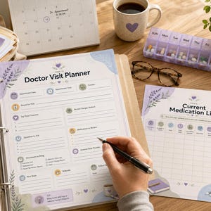 May include: A doctor visit planner and a current medication list are open on a wooden table. A hand holds a pen over the planner. Other items include a pill organizer, glasses, a coffee mug, and a calendar.