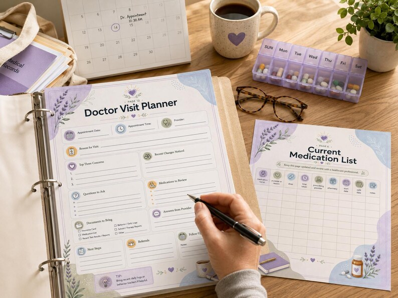 May include: A doctor visit planner and a current medication list are open on a wooden table. A hand holds a pen over the planner. Other items include a pill organizer, glasses, a coffee mug, and a calendar.