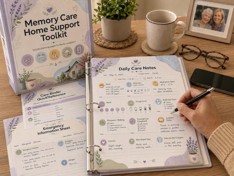 May include: A Memory Care Home Support Toolkit binder and related materials are displayed on a wooden surface. The binder is lavender and white, with the title "Memory Care Home Support Toolkit." A person is writing on a "Daily Care Notes" page.