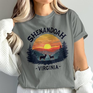 Shenandoah Virginia sunset graphic tee, Deer under sunset T-shirt, Nature lovers Shenandoah gift, Virginia graphic shirt