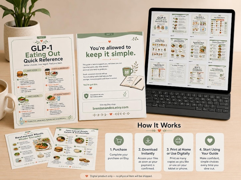 Puede incluir: Una gu&iacute;a digital con el texto "GLP-1 Eating Out Quick Reference" y "You're allowed to keep it simple." La gu&iacute;a se muestra en un ordenador port&aacute;til y p&aacute;ginas impresas, con ilustraciones de comida e instrucciones. La gu&iacute;a es para comer fuera.