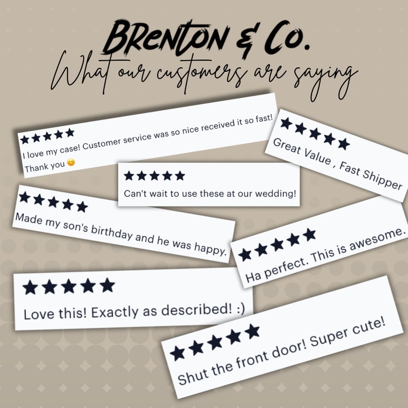 May include: A collage of customer reviews with five-star ratings and positive comments about a product. The reviews include phrases like "Great Value, Fast Shipper", "Love this! Exactly as described!" and "Shut the front door! Super cute!"