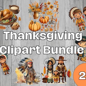 May include: A Thanksgiving clipart bundle with 20 images. The images include a turkey, pumpkins, fall leaves, pilgrims, Native Americans, and a cornucopia. The images are in a cartoon style and are perfect for creating Thanksgiving crafts, cards, and decorations.