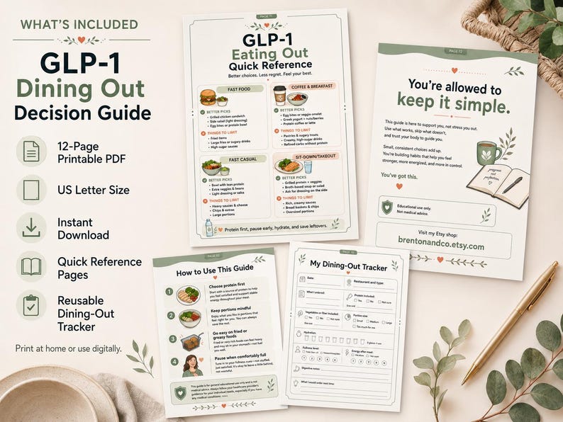 Puede incluir: Una colecci&oacute;n de gu&iacute;as PDF imprimibles para comer fuera, que incluyen una gu&iacute;a de decisiones, una referencia r&aacute;pida y un rastreador. Las gu&iacute;as son de tama&ntilde;o carta estadounidense y est&aacute;n disponibles para descarga instant&aacute;nea. El texto incluye "GLP-1 Dining Out Decision Guide".
