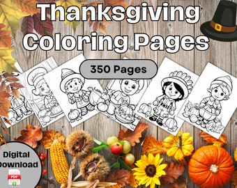 May include: A set of 350 Thanksgiving coloring pages featuring black and white illustrations of children dressed in pilgrim clothing and holding pumpkins. The pages are surrounded by fall foliage, including corn, acorns, and pumpkins.