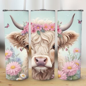Highland Cow Tumbler Wrap, Floral Cow Tumbler Wrap, 20oz Tumbler Design, Cute Cow Mug Wrap, PNG Instant Download, Tapered and Straight