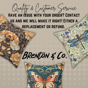 May include: Three decorative throw pillows with floral patterns. The pillows feature a bee, a dragonfly, and a butterfly. The pillows are arranged in a triangle shape. The text "BRENTON & Co." is in the center of the image.
