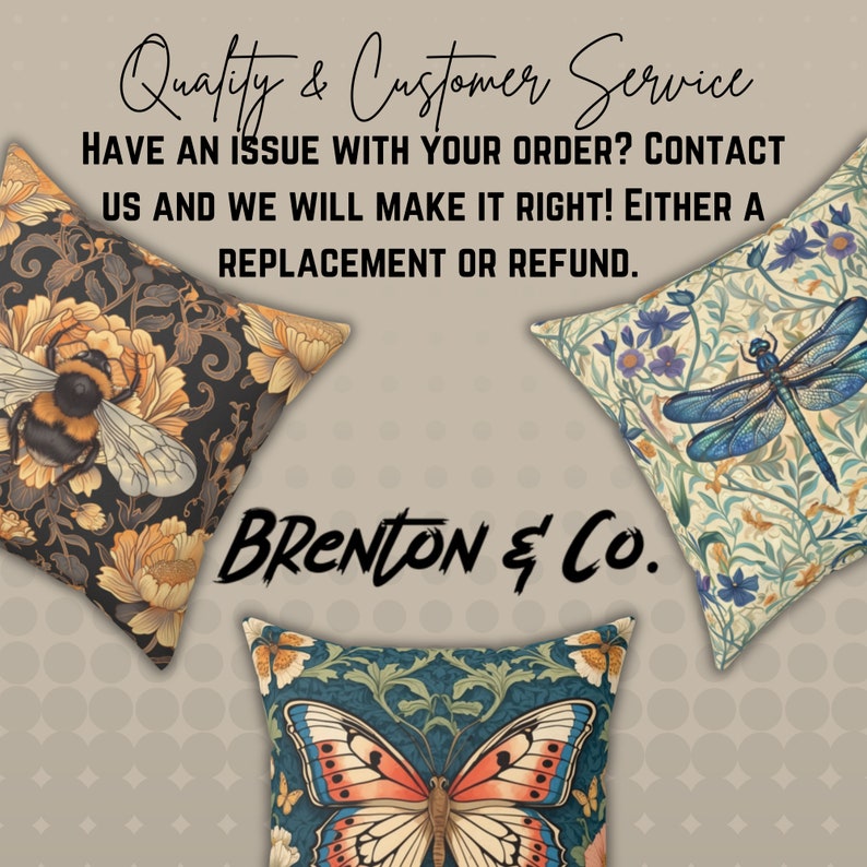 May include: Three decorative throw pillows with floral patterns. The pillows feature a bee, a dragonfly, and a butterfly. The pillows are arranged in a triangle shape. The text "BRENTON & Co." is in the center of the image.