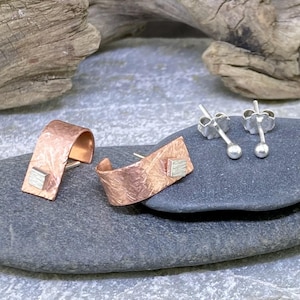 Copper J Hoop Earring Jackets – Argentium Silver Stud Set – Scribble Texture – Hypoallergenic Mixed Metal
