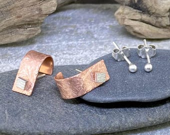 Copper J Hoop Earring Jackets – Argentium Silver Stud Set – Scribble Texture – Hypoallergenic Mixed Metal
