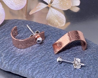 Copper J Hoop Earring - Argentium Sterling Silver stud - Handmade copper earring jacket design by A & R Jewellery