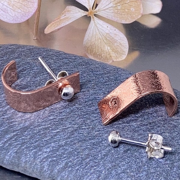 Copper J Hoop Earring - Argentium Sterling Silver stud - Handmade copper earring jacket design by A & R Jewellery