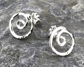stud earring hammered circle Argentium Sterling Silver spiral Moon Canadian handmade hypoallergenic post celestial design