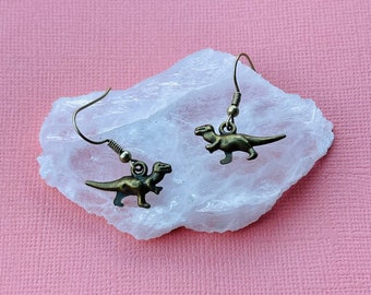 T-Rex Dangle Earrings - Antique Bronze Dinosaur Jewelry - Dinosaur Earrings