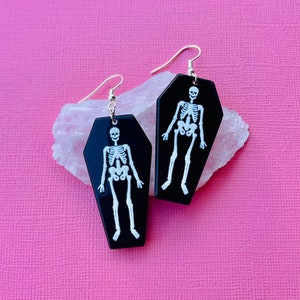 Coffin and Skeleton Dangle Earrings - Death Jewelry - Cute Jewelry - Gift for Her - Skeleton Earrings - Coffin Earrings - Morbid Jewelry