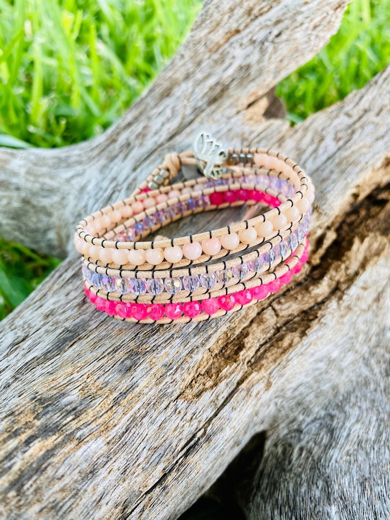 Romantic Pink Leather Wrap Bracelets Rose Quartzs Tourmaline Heart 3  Strands Cuff Bracelet Handmade Teengirls Jewelry