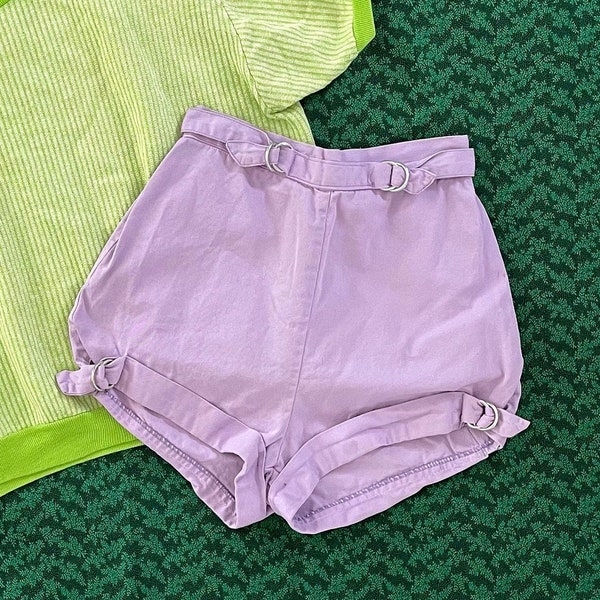 Vintage 1950s Lavender Cotton High-Waisted Shorts with Cinches // 50s purple buckle short-shorts