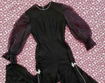 Vintage 1960s Jumpsuit // 60s black palazzo jumpsuit with sheer sleeves and rhinestones // holiday party disco sparkly pantsuit // S/M